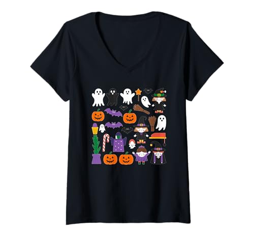Damen Gruselige Halloween-Geisterhexe, Kürbisfledermaus, Herren, Damen und Kinder T-Shirt mit V-Ausschnitt Damen Gruselige Halloween-Geisterhexe, Kürbisfledermaus, Herren, Damen und Kinder T-Shirt mit V-Ausschnitt von Halloween Fun