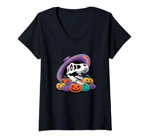 Damen Halloween Dinosaurier Schädel Kürbisse Gruselig Gruselig T-Shirt mit V-Ausschnitt Damen Halloween Dinosaurier Schädel Kürbisse Gruselig Gruselig T-Shirt mit V-Ausschnitt von Halloween Fun