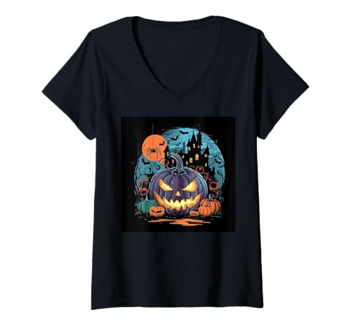 Damen Halloween Kürbis Gruselspinne Hexenhaus Nacht Mond Spaß T-Shirt mit V-Ausschnitt Damen Halloween Kürbis Gruselspinne Hexenhaus Nacht Mond Spaß T-Shirt mit V-Ausschnitt von Halloween Fun