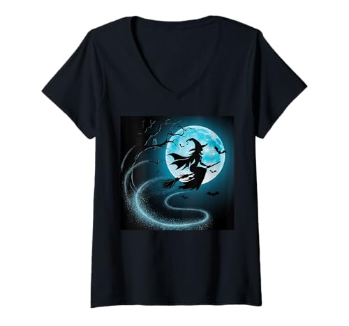 Damen Halloween Moon Blue Witch Gruseliger Nachtspaß T-Shirt mit V-Ausschnitt Damen Halloween Moon Blue Witch Gruseliger Nachtspaß T-Shirt mit V-Ausschnitt von Halloween Fun