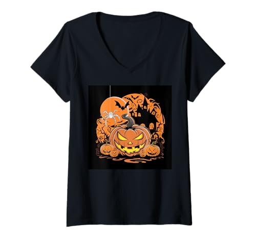 Damen Halloween-Nachtspaß im niedlichen Kürbis-Stil mit gruseliger Spinne und Hexenvilla T-Shirt mit V-Ausschnitt Damen Halloween-Nachtspaß im niedlichen Kürbis-Stil mit gruseliger Spinne und Hexenvilla T-Shirt mit V-Ausschnitt von Halloween Fun