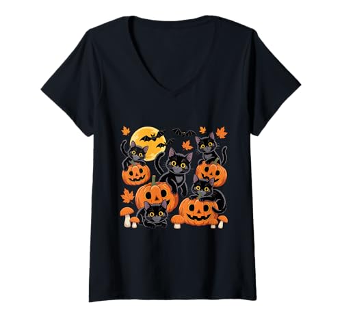 Damen Lustiges Halloween Schwarze Katzen Kürbis Herbst T-Shirt mit V-Ausschnitt Damen Lustiges Halloween Schwarze Katzen Kürbis Herbst T-Shirt mit V-Ausschnitt von Halloween Funny Black Kitten Autumn Creatures