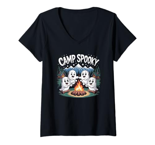 Damen Camp Spooky Summerween, süßes Sommer-Halloween-Gespenst T-Shirt mit V-Ausschnitt Damen Camp Spooky Summerween, süßes Sommer-Halloween-Gespenst T-Shirt mit V-Ausschnitt von Halloween Funny Camper Ghost - DressedForDuty