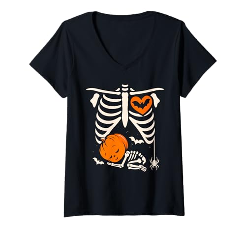 Damen Halloween Lustiges Kostüm Schwangere Frau Kürbis Rippenkäfig T-Shirt mit V-Ausschnitt Damen Halloween Lustiges Kostüm Schwangere Frau Kürbis Rippenkäfig T-Shirt mit V-Ausschnitt von Halloween Funny Costume Pregnant Woman Pumpkin