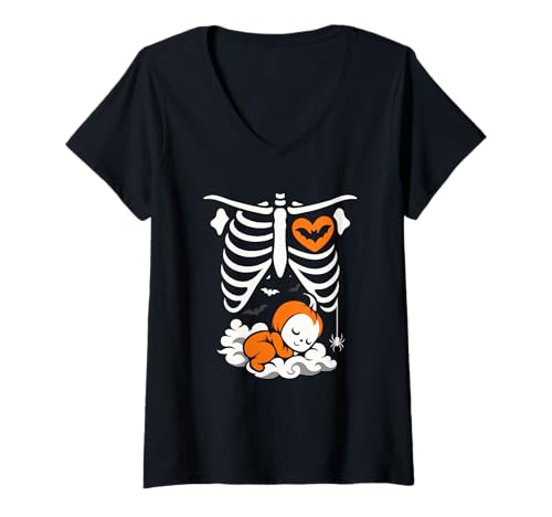 Damen Halloween Lustiges Kostüm Schwangere Frau Kürbis Rippenkäfig T-Shirt mit V-Ausschnitt Damen Halloween Lustiges Kostüm Schwangere Frau Kürbis Rippenkäfig T-Shirt mit V-Ausschnitt von Halloween Funny Costume Pregnant Woman Pumpkin