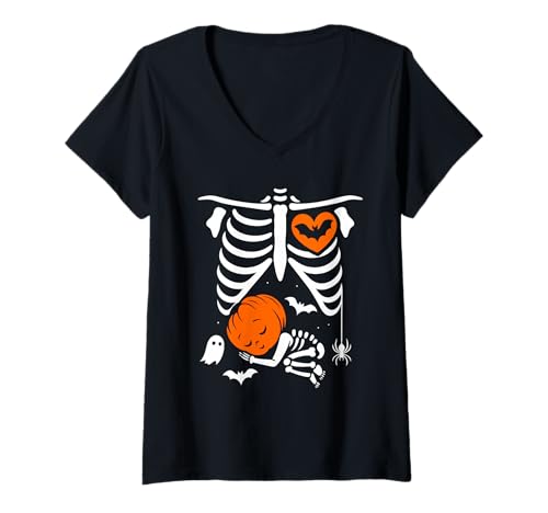 Damen Halloween Lustiges Kostüm Schwangere Frau Kürbis Rippenkäfig T-Shirt mit V-Ausschnitt Damen Halloween Lustiges Kostüm Schwangere Frau Kürbis Rippenkäfig T-Shirt mit V-Ausschnitt von Halloween Funny Costume Pregnant Woman Pumpkin