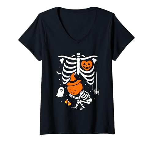 Damen Halloween Lustiges Kostüm Schwangere Frau Kürbis Rippenkäfig T-Shirt mit V-Ausschnitt Damen Halloween Lustiges Kostüm Schwangere Frau Kürbis Rippenkäfig T-Shirt mit V-Ausschnitt von Halloween Funny Costume Pregnant Woman Pumpkin