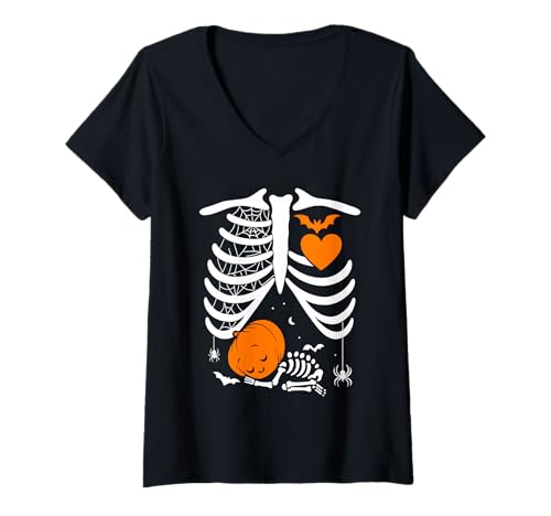 Damen Halloween Lustiges Kostüm Schwangere Frau Kürbis Rippenkäfig T-Shirt mit V-Ausschnitt Damen Halloween Lustiges Kostüm Schwangere Frau Kürbis Rippenkäfig T-Shirt mit V-Ausschnitt von Halloween Funny Costume Pregnant Woman Pumpkin