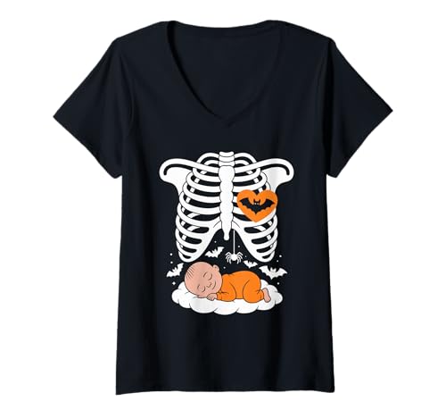 Damen Halloween Lustiges Kostüm Schwangere Frau Kürbis Rippenkäfig T-Shirt mit V-Ausschnitt Damen Halloween Lustiges Kostüm Schwangere Frau Kürbis Rippenkäfig T-Shirt mit V-Ausschnitt von Halloween Funny Costume Pregnant Woman Pumpkin