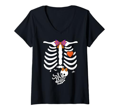 Damen Kostüm Schwangere Frau Skelett Halloween Schwangerschaft Mädchen T-Shirt mit V-Ausschnitt Damen Kostüm Schwangere Frau Skelett Halloween Schwangerschaft Mädchen T-Shirt mit V-Ausschnitt von Halloween Funny Costume Pregnant Woman Pumpkin