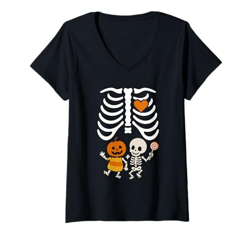 Damen Halloween Lustiges Kostüm Schwangere Frau Kürbis Rippenkäfig T-Shirt mit V-Ausschnitt Damen Halloween Lustiges Kostüm Schwangere Frau Kürbis Rippenkäfig T-Shirt mit V-Ausschnitt von Halloween Funny Costume Pregnant Woman Twins