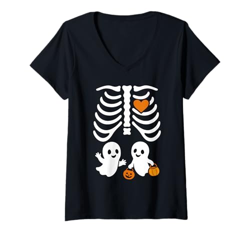 Damen Lustiges Halloween-Kostüm für Schwangere Mutter, Zwillinge, Kürbis-Rippenkäfig T-Shirt mit V-Ausschnitt Damen Lustiges Halloween-Kostüm für Schwangere Mutter, Zwillinge, Kürbis-Rippenkäfig T-Shirt mit V-Ausschnitt von Halloween Funny Costume Pregnant Woman Twins