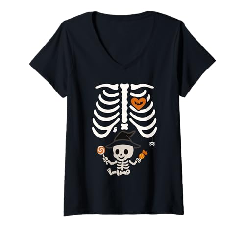 Damen Halloween Lustiges Kostüm Schwangere Frau Kürbis Rippenkäfig T-Shirt mit V-Ausschnitt Damen Halloween Lustiges Kostüm Schwangere Frau Kürbis Rippenkäfig T-Shirt mit V-Ausschnitt von Halloween Funny Costume Pregnant Woman