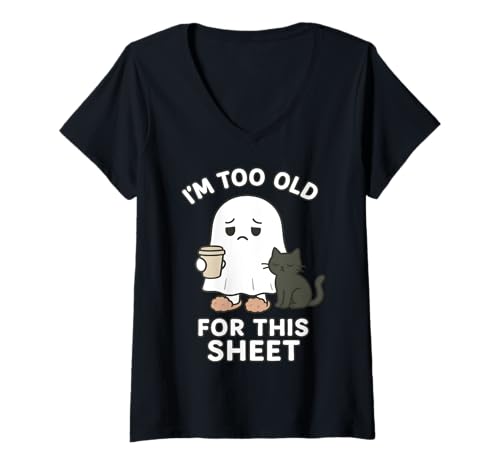Damen Zu alt für Dieses Laken Cat Coffee Ghost Halloween T-Shirt mit V-Ausschnitt Damen Zu alt für Dieses Laken Cat Coffee Ghost Halloween T-Shirt mit V-Ausschnitt von Halloween Funny Ghost Tops Women Girls
