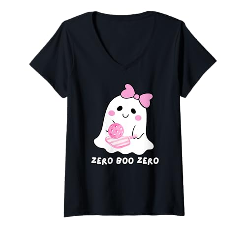 Damen Preppy Pickleball Halloween Pickle-Boo Ghost Pastell Pink T-Shirt mit V-Ausschnitt von Halloween Funny Pickleball Shirts by Southerngal