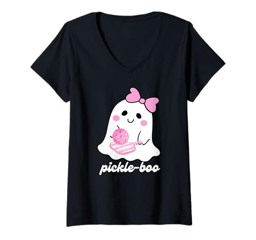 Damen Preppy Pickleball Halloween Pickle-Boo Ghost Pastell Pink T-Shirt mit V-Ausschnitt von Halloween Funny Pickleball Shirts by Southerngal