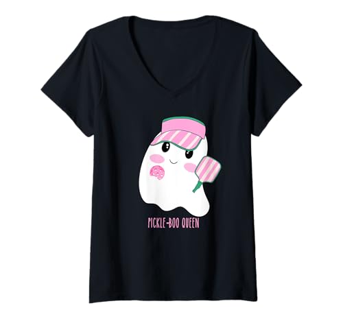 Damen Preppy Pickleball Halloween Pickle-Boo Ghost Pastell Pink T-Shirt mit V-Ausschnitt von Halloween Funny Pickleball Shirts by Southerngal