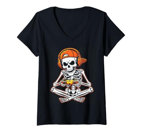 Damen Lustiges Skelett Gamer Halloween Video Gaming Jungen Herren Kinder T-Shirt mit V-Ausschnitt Damen Lustiges Skelett Gamer Halloween Video Gaming Jungen Herren Kinder T-Shirt mit V-Ausschnitt von Halloween Game Humor Costume Funny Skeleton