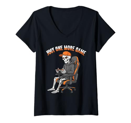Damen Halloween-Spiel, Skelett-Guy, nur EIN weiteres Spiel T-Shirt mit V-Ausschnitt Damen Halloween-Spiel, Skelett-Guy, nur EIN weiteres Spiel T-Shirt mit V-Ausschnitt von Halloween Game Playing Skeleton Guy On