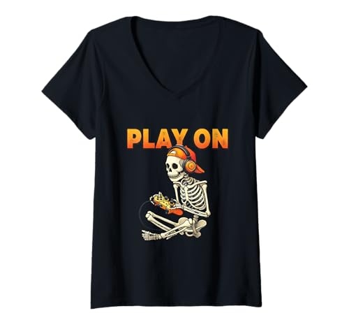 Damen Halloween-Spiel-Skelett-Kerl T-Shirt mit V-Ausschnitt Damen Halloween-Spiel-Skelett-Kerl T-Shirt mit V-Ausschnitt von Halloween Game Playing Skeleton Guy On