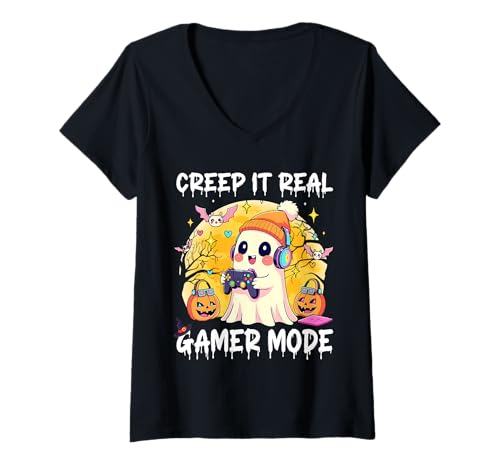 Damen Cute Ghost Gamer Halloween Creep It Real Gamer Mode T-Shirt mit V-Ausschnitt Damen Cute Ghost Gamer Halloween Creep It Real Gamer Mode T-Shirt mit V-Ausschnitt von Halloween Gamer Ghost Pumpkin Costume