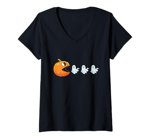 Damen Halloween Gamer Kürbis Lustige Geister Kinder Frauen Männer T-Shirt mit V-Ausschnitt von Halloween Gamer Ghosts Kids Women Men