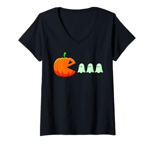 Damen Gruseliger Halloween-Gamer, gruseliger Geist, der Kürbis isst T-Shirt mit V-Ausschnitt Damen Gruseliger Halloween-Gamer, gruseliger Geist, der Kürbis isst T-Shirt mit V-Ausschnitt von Halloween Gamer Scary Pumpkin Eating Ghost Gifts
