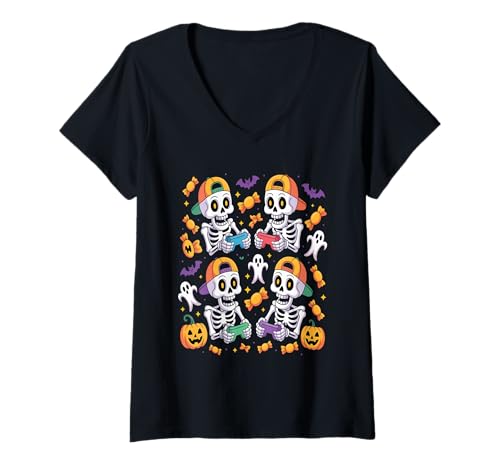 Damen Skelett Gamer - Halloween Videospiele Gruseliger Controller T-Shirt mit V-Ausschnitt Damen Skelett Gamer - Halloween Videospiele Gruseliger Controller T-Shirt mit V-Ausschnitt von Halloween Gamer Skeleton Apparel