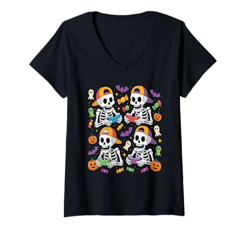 Damen Skelett Gamer - Halloween Videospiele Gruseliger Controller T-Shirt mit V-Ausschnitt Damen Skelett Gamer - Halloween Videospiele Gruseliger Controller T-Shirt mit V-Ausschnitt von Halloween Gamer Skeleton Apparel