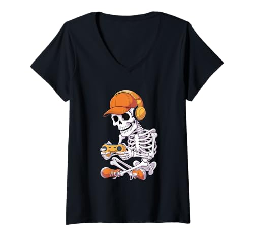 Damen Cool Skelett Video Gaming Halloween Gamer T-Shirt mit V-Ausschnitt Damen Cool Skelett Video Gaming Halloween Gamer T-Shirt mit V-Ausschnitt von Halloween Gamer Spooky Gamer Vibes