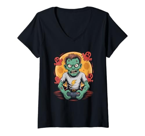 Damen Gruseliger Zombie-Videospiel-Halloween-Spieler T-Shirt mit V-Ausschnitt Damen Gruseliger Zombie-Videospiel-Halloween-Spieler T-Shirt mit V-Ausschnitt von Halloween Gamer Spooky Gamer Vibes
