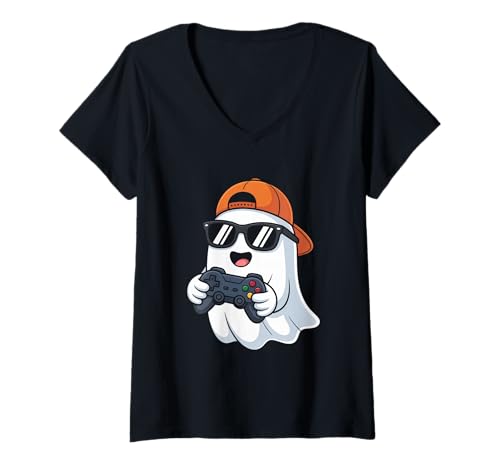 Damen Kawaii Cute Boo spielt Videospiel Halloween Gamer T-Shirt mit V-Ausschnitt Damen Kawaii Cute Boo spielt Videospiel Halloween Gamer T-Shirt mit V-Ausschnitt von Halloween Gamer Spooky Gamer Vibes