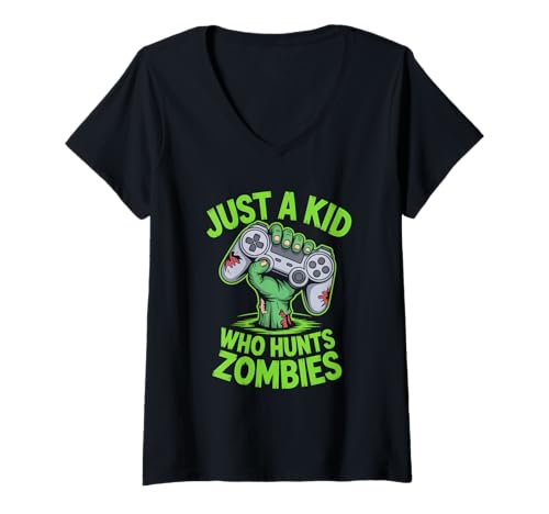Damen Nur EIN Kind, das Zombies jagt Halloween-Gamer T-Shirt mit V-Ausschnitt Damen Nur EIN Kind, das Zombies jagt Halloween-Gamer T-Shirt mit V-Ausschnitt von Halloween Gamer Spooky Gamer Vibes