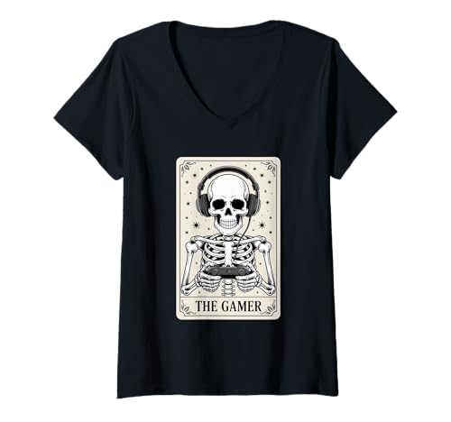 Damen Tarotkarte Skelett Videospiel Halloween Gamer T-Shirt mit V-Ausschnitt Damen Tarotkarte Skelett Videospiel Halloween Gamer T-Shirt mit V-Ausschnitt von Halloween Gamer Spooky Gamer Vibes