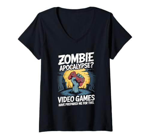 Damen Zombie Apocalypse Videospiele Halloween Gamer T-Shirt mit V-Ausschnitt Damen Zombie Apocalypse Videospiele Halloween Gamer T-Shirt mit V-Ausschnitt von Halloween Gamer Spooky Gamer Vibes
