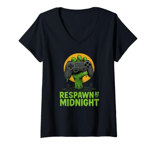 Damen Respawn um Mitternacht Halloween-Gamer T-Shirt mit V-Ausschnitt von Halloween Gamer
