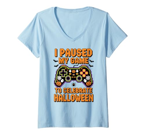 Damen Paused Game for Halloween Spruch T-Shirt mit V-Ausschnitt Damen Paused Game for Halloween Spruch T-Shirt mit V-Ausschnitt von Halloween Gaming Quote Video Games