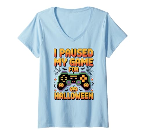 Damen Paused Game for Halloween Spruch T-Shirt mit V-Ausschnitt Damen Paused Game for Halloween Spruch T-Shirt mit V-Ausschnitt von Halloween Gaming Quote Video Games