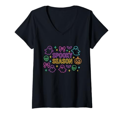 Damen Kokette Halloween Geist Gruselige Jahreszeit Niedlich Lustig Herbst T-Shirt mit V-Ausschnitt Damen Kokette Halloween Geist Gruselige Jahreszeit Niedlich Lustig Herbst T-Shirt mit V-Ausschnitt von Halloween Geeks