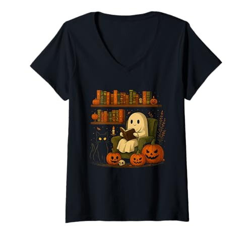 Damen Halloween Geist Lesen Lustig Kürbis Katze Bücherwurm Shirt T-Shirt mit V-Ausschnitt Damen Halloween Geist Lesen Lustig Kürbis Katze Bücherwurm Shirt T-Shirt mit V-Ausschnitt von Halloween Geist Bücherliebe Katze Geschenk