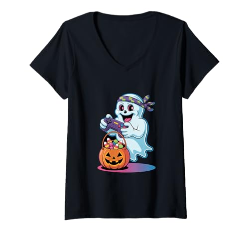 Damen Geister Gamer Controller Kürbis Süßes Oder Saures Halloween T-Shirt mit V-Ausschnitt Damen Geister Gamer Controller Kürbis Süßes Oder Saures Halloween T-Shirt mit V-Ausschnitt von Halloween Geist Gamer Kürbis Süßes Oder Saures