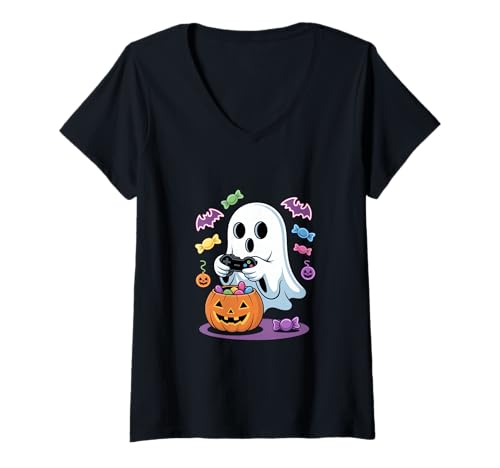 Damen Geister Gamer Halloween Kürbis Bonbons Zocken T-Shirt mit V-Ausschnitt Damen Geister Gamer Halloween Kürbis Bonbons Zocken T-Shirt mit V-Ausschnitt von Halloween Geist Gamer Kürbis Süßigkeiten Zocken