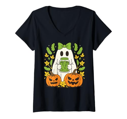 Damen Gurken Geist Halloween T-Shirt mit V-Ausschnitt Damen Gurken Geist Halloween T-Shirt mit V-Ausschnitt von Halloween Geist Gruselig Gurkenliebhaber Lustig