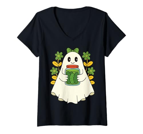 Damen Gurken Geist Halloween T-Shirt mit V-Ausschnitt von Halloween Geist Gruselig Gurkenliebhaber Lustig