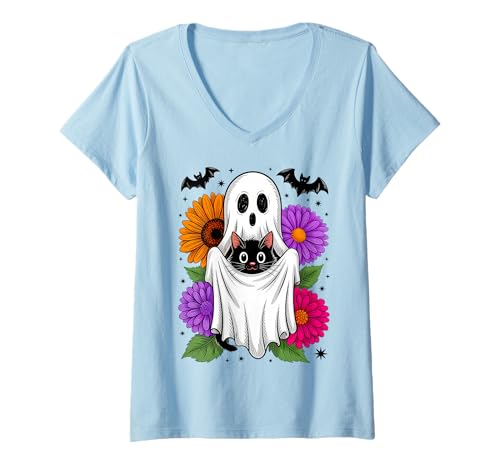 Damen Geist Katze Blumen Halloween T-Shirt mit V-Ausschnitt Damen Geist Katze Blumen Halloween T-Shirt mit V-Ausschnitt von Halloween Geist Katze Blumen