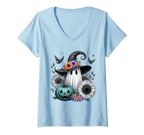 Damen Geist mit Kürbis und Blumen T-Shirt mit V-Ausschnitt Damen Geist mit Kürbis und Blumen T-Shirt mit V-Ausschnitt von Halloween Geist Kürbis Blumen