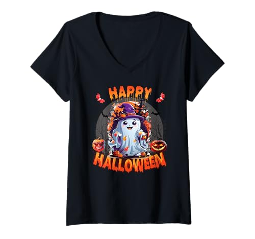 Damen Geister Kostüm süßer Geist Fun Halloween Kinder Kürbis T-Shirt mit V-Ausschnitt von Halloween Geister Gespenst Mädchen & Damen