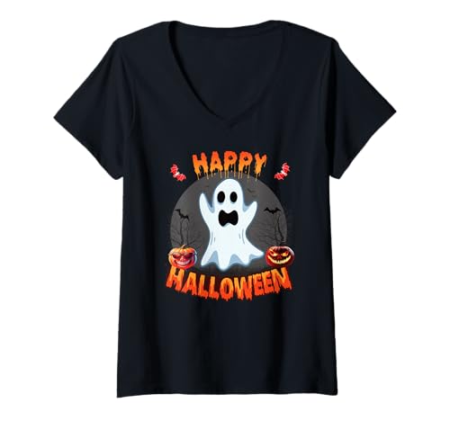 Damen Geister Kostüm süßer Geist Fun Halloween Kinder Kürbis T-Shirt mit V-Ausschnitt von Halloween Geister Gespenst Mädchen & Damen