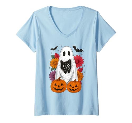 Damen Vintage Halloween Ghost Holding Black Cat Groovy Floral T-Shirt mit V-Ausschnitt Damen Vintage Halloween Ghost Holding Black Cat Groovy Floral T-Shirt mit V-Ausschnitt von Halloween Ghost Apparel Spooky Cute Vintage Costum