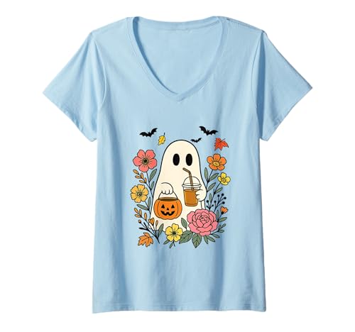 Damen Geist mit Kürbis und Kaffee Charmantes Halloween T-Shirt mit V-Ausschnitt Damen Geist mit Kürbis und Kaffee Charmantes Halloween T-Shirt mit V-Ausschnitt von Halloween Ghost Autumn Flowers Fun